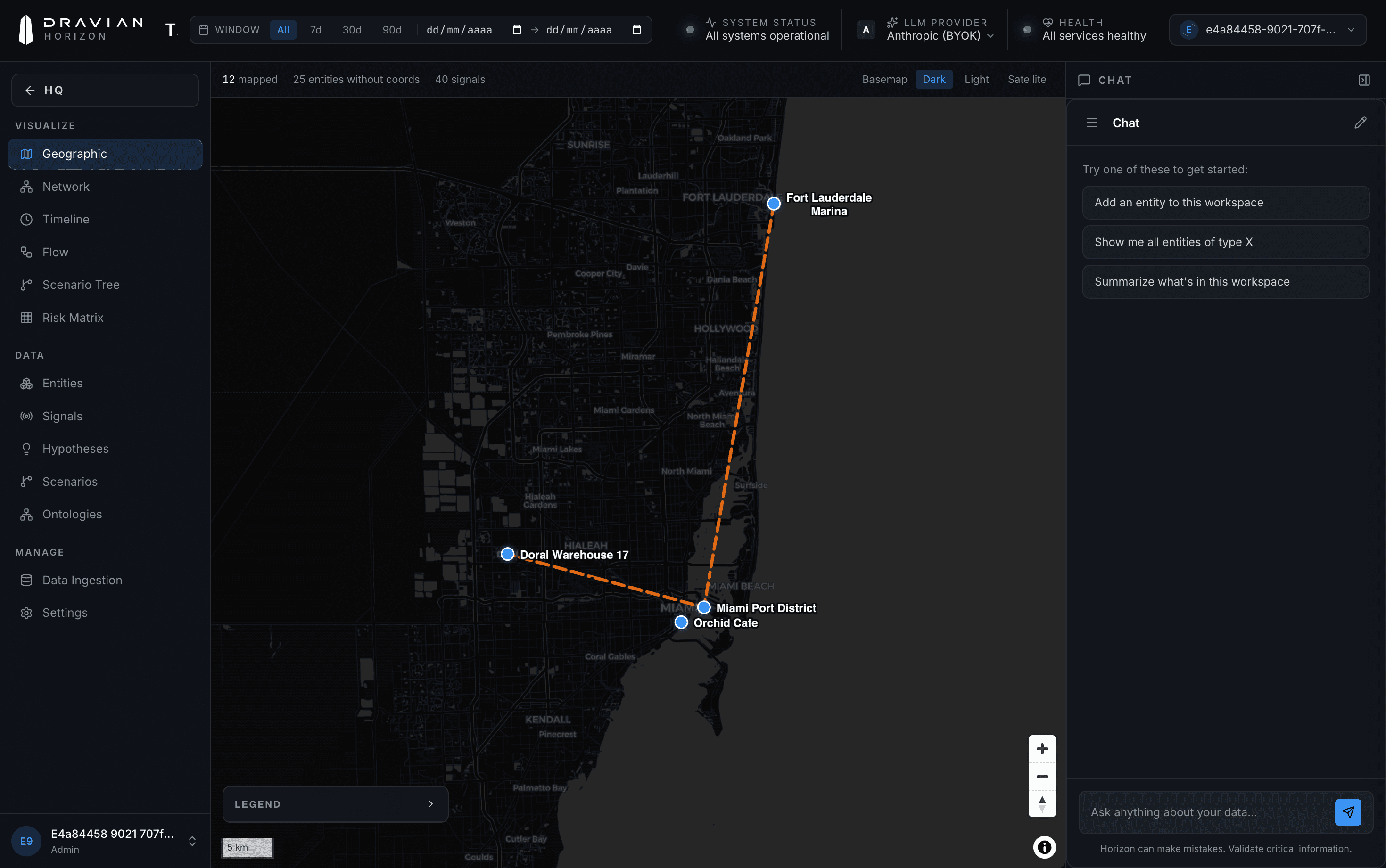 Dravian Horizon map showing fictional Miami route analysis and operational locations.